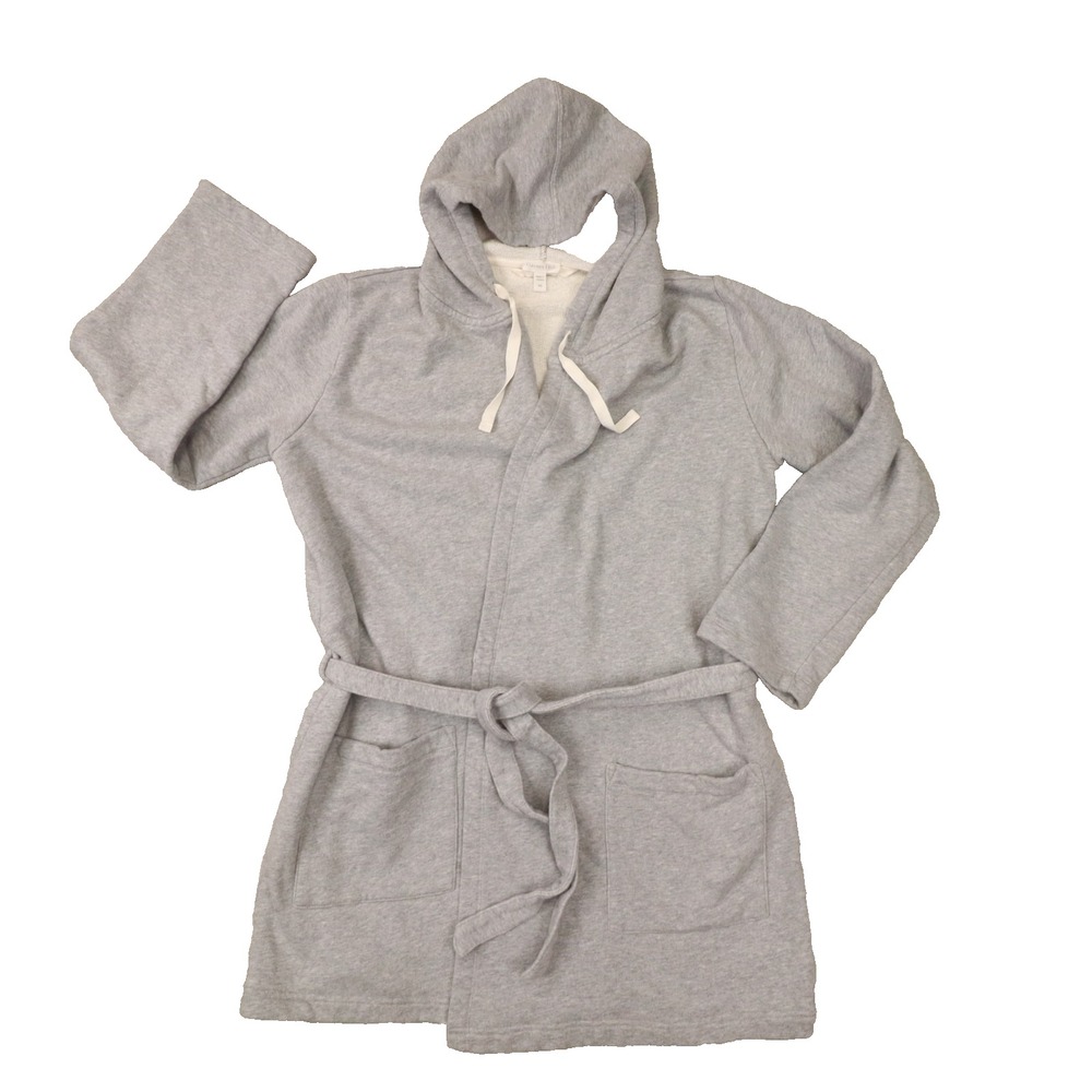 Garnet Hill Heather Grey Terry Cloth Hooded Long Sleeve Robe size XS Cozy